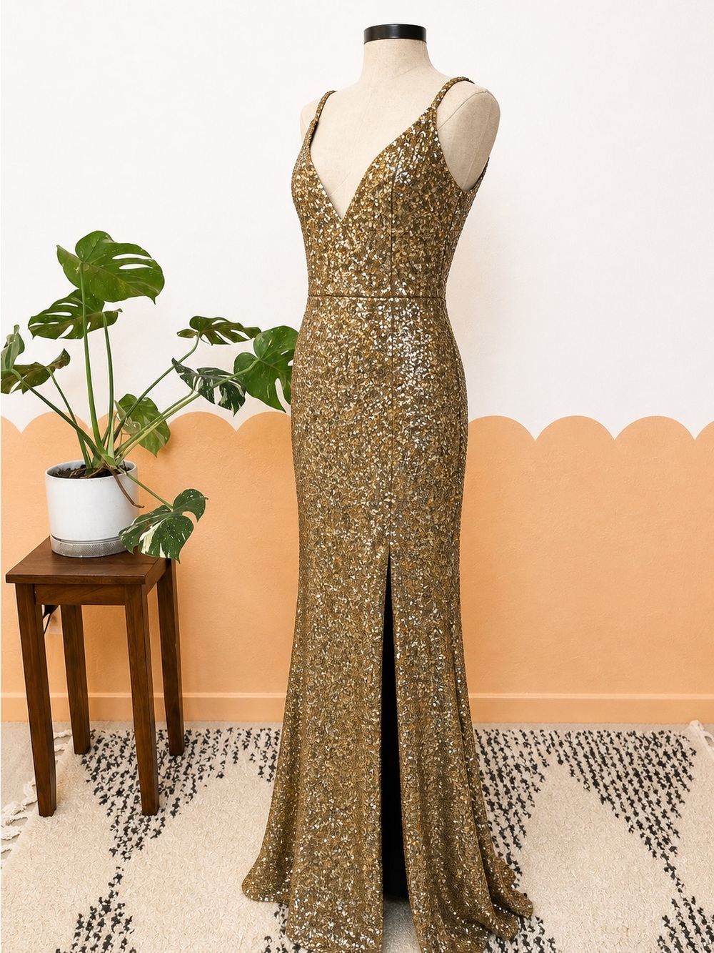 Mac Duggal Gold Sequin V‑Neck Slit Evening Gown